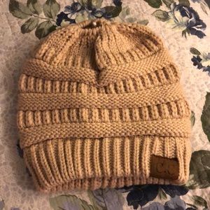 Beige Knit Ponytail Hat